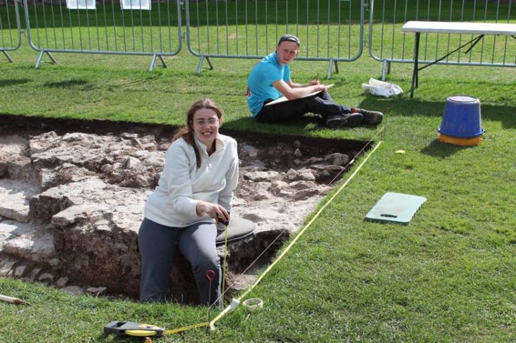 Georgina and Huw record the western end of the trench
